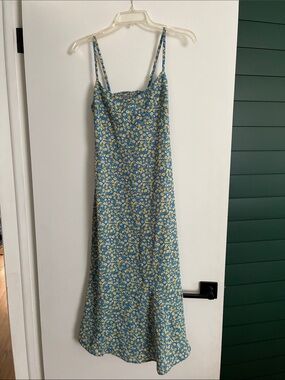 Lulu's Blue Slip Midi Dress with Yellow Floral Print